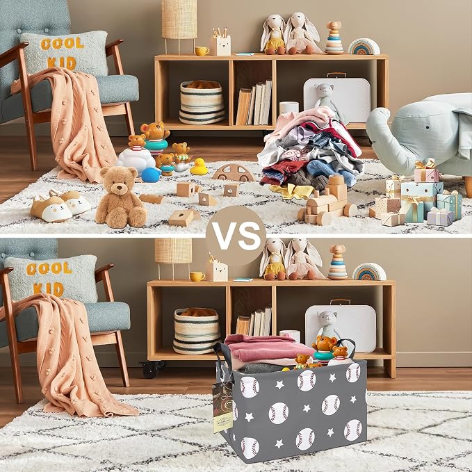 Rectangle Foldable Storage Basket Handles For Home, Grey Baseball | Waterproof canvas material, reinforced handles, perfect for shelf use, organizes clothes, daily items and pet supplies