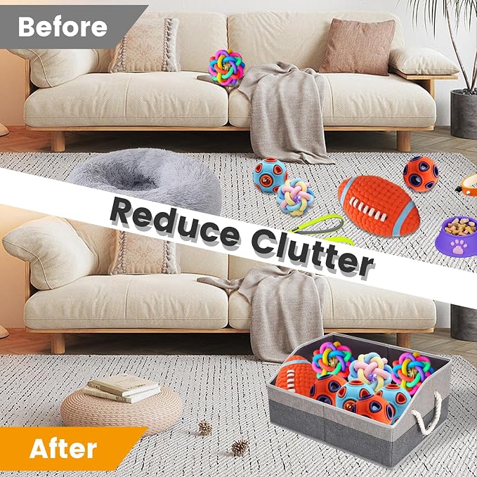 Large Dog Toy Basket with Handle, Foldable Dog Toy Box for Living Room Area , 20" Basket for Dog's Supplies, Organizer and Storage with Hard Board, Anti-Slip for Pet Toys (Gray, Medium 20"×15")