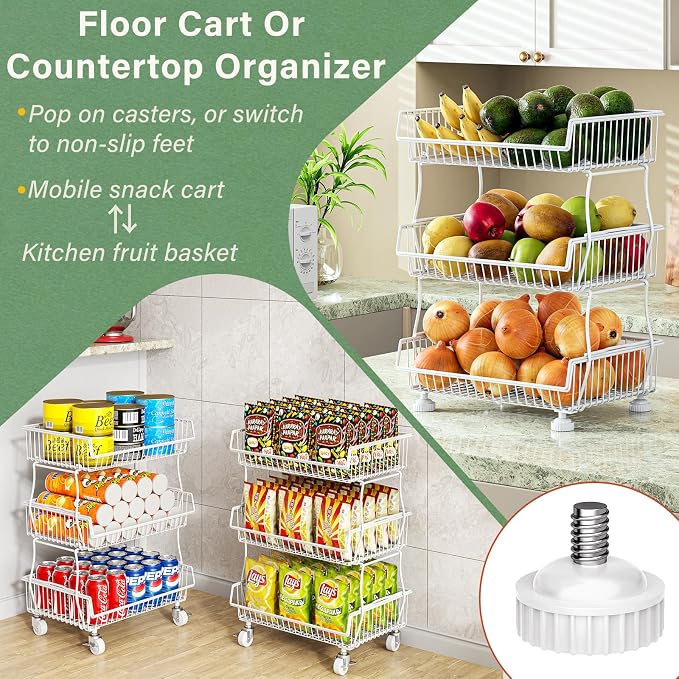 OKZEST Pantry Organizers and Storage Cart with Upgraded Metal Hub Casters | Fits under pantry shelf, Stackable fine-mesh wire baskets, 3-Tier rolling cart holds drink, snack, can, potato, onion, fruit