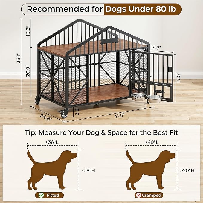 IRONCK 41.5" Foldable Dog Crate Furniture with 5 Wheels & Rotating Bowls | No assembly. 5-wheel base. 2 rotating bowls. For medium Dogs. 41.5"L x 24.8"W x 35.1"H. Rustic Brown finish.