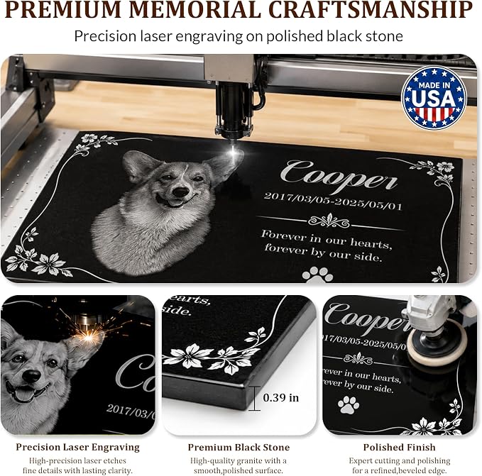 Personalized Pet Memorial Stone, Custom Granite Pet Grave Marker | for Dogs & Cats , Engraved Memorial Plaque with Photo Name Dates & Message, Indoor Outdoor Garden or Tabletop Display