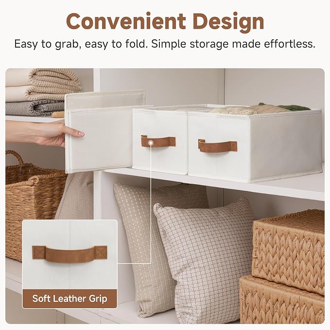 StorageWorks Closet Storage Bins with PU Handles, Ivory White, Small | Closet Organizer Storage Baskets for Shelves, Fabric Organization and Storage, Foldable Closet Organizer for Clothes