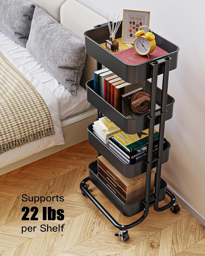 Pipishell 4 Tier Metal Rolling Utility Cart with 2 Lockable Wheels, Black | 360° Rotating Wheel, Heavy-Duty Steel, Sturdy Dual Columns, Ventilated Mesh, Hold 22 lbs per Shelf, for Kitchen & Dining Room
