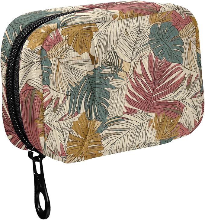 Fustylead Vintage Tropical Line Art Palm Leaves Pill Organizer for Purse, Weekly Portable Pill Box with Zipper to Storage Vitamins Fish Oils Medications Supplements