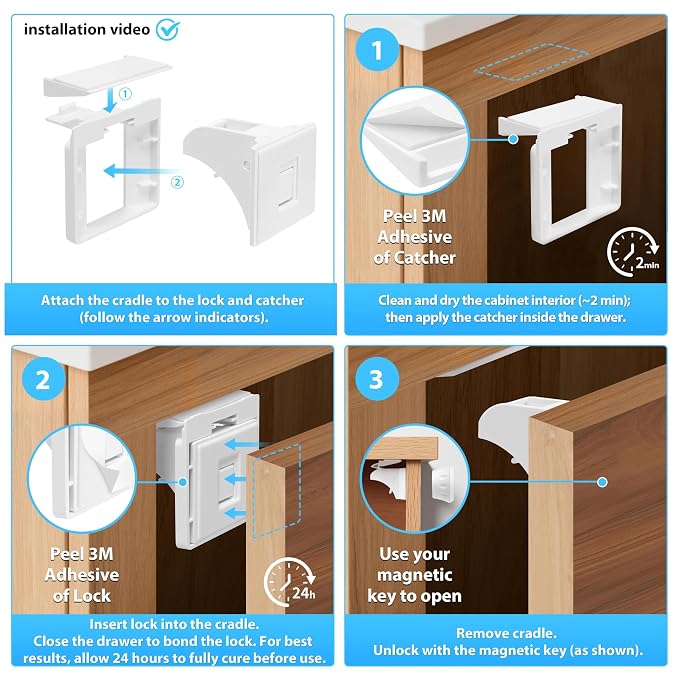AILUOQI Baby Proofing Magnetic Cabinet Locks (3 Pack) Cupboard Drawers Latches Magnet Locks for Cabinets (1 Key)