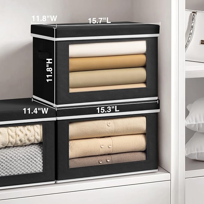Large Storage Bins with Lids - Fabric Storage Cubes with Window, Collapsible Bins for Clothes, 15.7 Inch Large Baskets for Bedroom, Dorm, Office, Black, 6 Pack