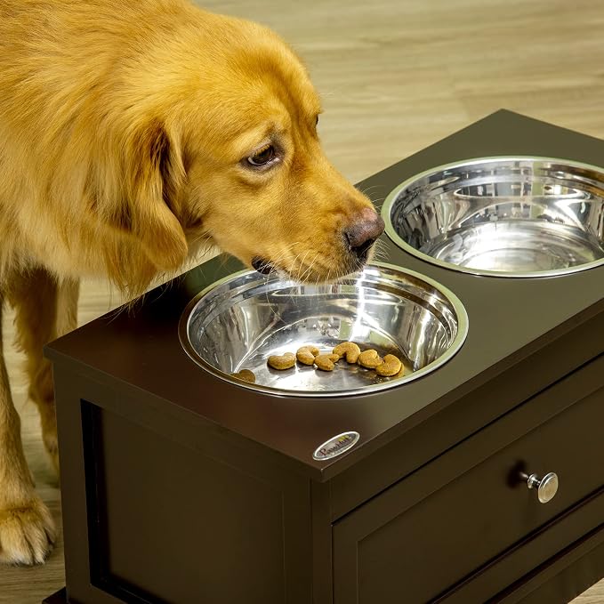 PawHut Large Elevated Dog Bowls with Storage Drawer - 11L Capacity, Raised Dog Bowl Stand Feeding Station, Brown | Raised Dog Bowl Stand, Pet Food Bowl, Pet Feeding Station