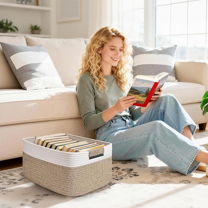 3 Pack Large Storage Basket for Organizing, 17.5"x13"x7" Woven Basket for Shelves, Closet Cube Storage Bins with Wrapped Handle, Cotton Rope Baskets for Kitchen, Clothes, Toys(Off White & Brown)