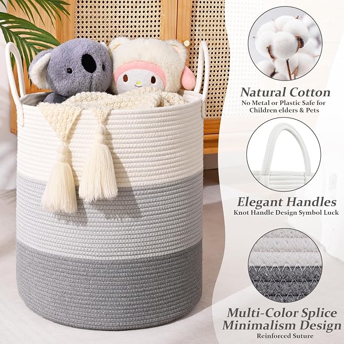 Laundry Hamper for Organizing, 52L Large Laundry Baskets, Cotton Rope Woven Blanket Basket, Collapsible Laundry Hamper for Living Room, Nursery, 15"×18", Gray