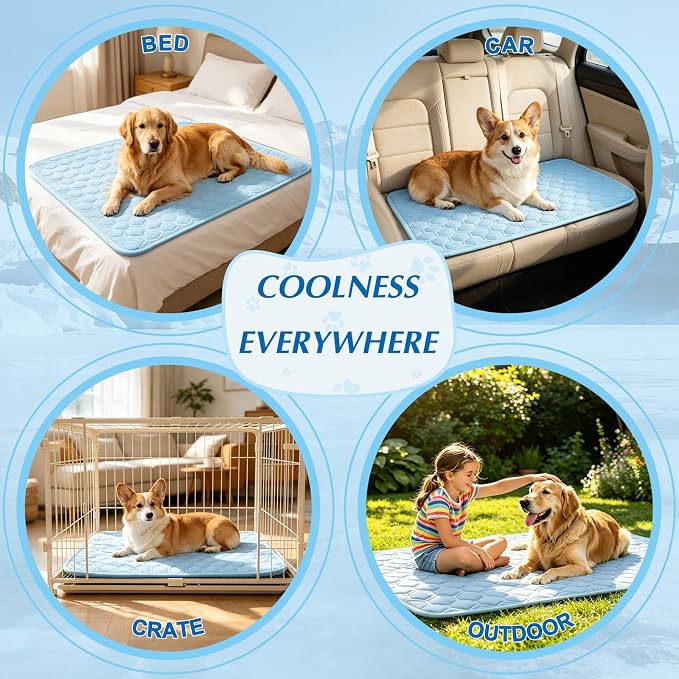 Cooling Mat for Dogs & Cats, Thick Breathable Dog Cooling Mat Q-MAX>0.45 | Chill Cool Fiber Dog Cooling Bed with Non-Slip Base, Non-Toxic Foldable Washable Crate Kennel Pad for Indoor & Outdoor Use
