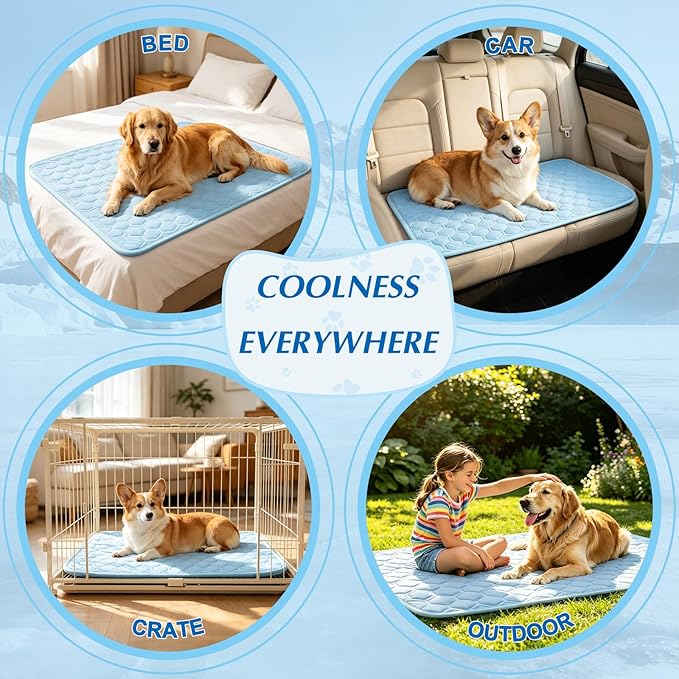 Cooling Mat for Dogs & Cats, Thick Breathable Dog Cooling Mat Q-MAX>0.45 | Chill Cool Fiber Dog Cooling Bed with Non-Slip Base, Non-Toxic Foldable Washable Crate Kennel Pad for Indoor & Outdoor Use