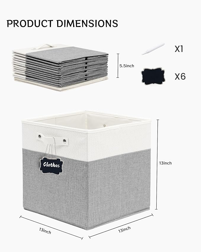 FinishingBo 13 inch Cube Storage Bins with Handles 6 Pack | Foldable Linen Storage Baskets, Closet Organizers, Shelf Baskets, White Grey