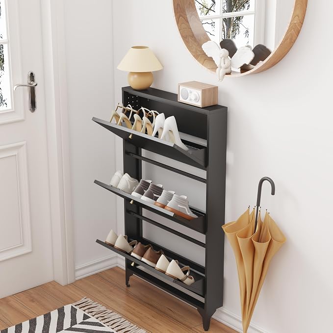Shoe Cabinet with 3 Flip Drawers, Narrow Shoe Storage Cabinet, Farmhouse Shoe Organizer, Freestanding Organizer with Metal Legs for Entryway, Foyer (Black, 3 Door)