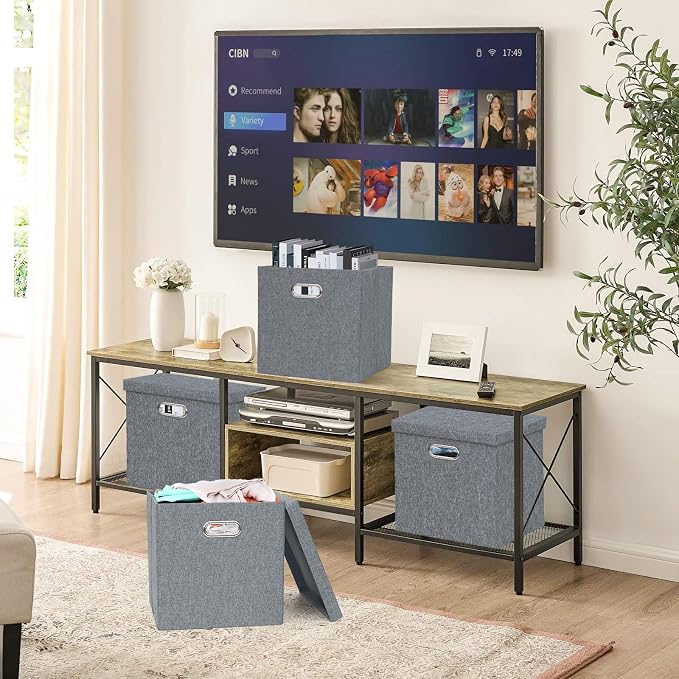 Storage Bins with Lids, Linen Fabric Boxes Organizer Containers with Lid Foldable Storage Box Basket for Closet, Shelves, Home, Office, 12 x 12 x 12 Inch, 4 Pack, Dark Gray, AG3006-7