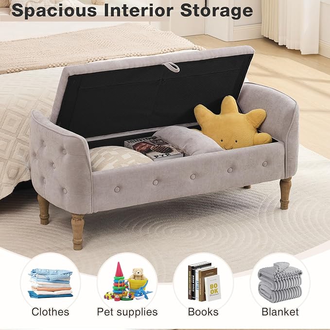 End of Bed Storage Bench Queen Size,51" Upholstered Bedroom Bench,Khaki | Linen Storage Bench for Bedroom End of Bed ,2 Cushion, Vintage Wood Legs ,Tufted,Storage Ottoman Bench for Entryway Window