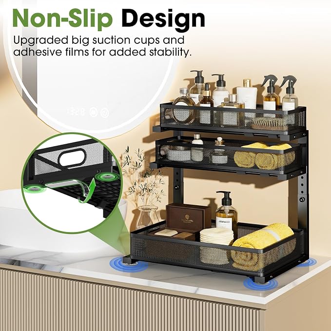 Under Sink Organizer 3 Tier, 2 Pack L-Shaped Pull-Out Cabinet Organizer with Sliding Metal Mesh Drawers, Height Adjustable Under Sink Storage Rack for Kitchen Bathroom Cabinet, Black