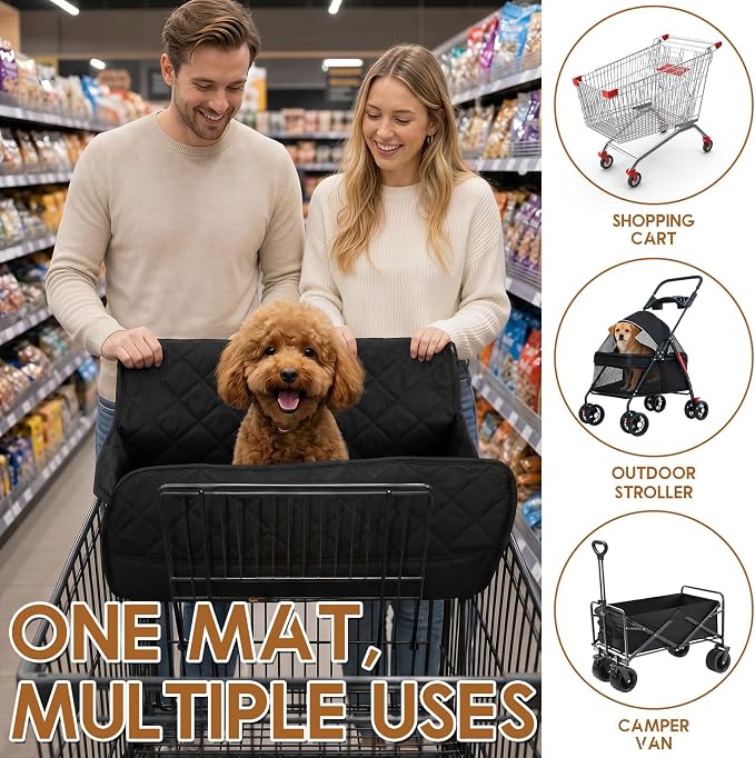 Portable Dogs Shopping Cart Cover, Quilting Dog Grocery Cart Cover with Storage Bag, Soft Comfort Cushioning, Secured with Hook and Loop, Universal Size, Machine Washable for Pet Dog