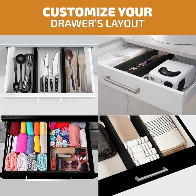 6-Pack Drawer Dividers 2.6-Inch High Dresser Organizer 16 to 22 Inch, Black | Bamboo, Spring Loaded, No Tools Needed, Fits Wide Drawers for Socks, Clothes, Utensils, Bedroom, Bathroom, Kitchen, Office