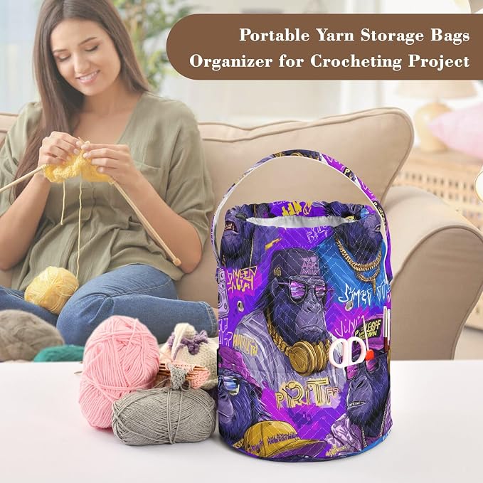Tatenale Crochet Bag Yarn Bag Knitting Project Bag with Pockets and Handle Portable Yarn Storage Organizer Tangle Free 8.3x11 InchCartoon Gorillas Glasses Trends Purple36