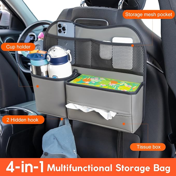 Multifunctional Car Seat Back Organizer with Large Tissue Box Holder, Large Water Bottle Storage, Phone Pouch for Road Trips (Gray)