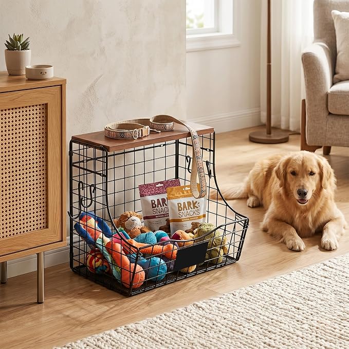 Pet Supplies Wall Basket with Wood Lid and Hooks, Dog Stuff Organizer for Wall, Puppy Toy Box Holder for Treats Leash, Wall Storage for Kitchen Pantry Bathroom, 11.8 x 8.7 x 10.6 in