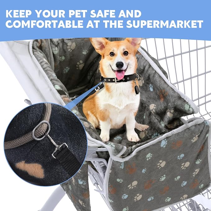 Soft Velvet Shopping Cart Cover for Dogs, Plush Pets Grocery Cart Cover with Safety Ropes, Portable and Easy-on Stretch Design for Shopping Carts with Carry Bag(Print)