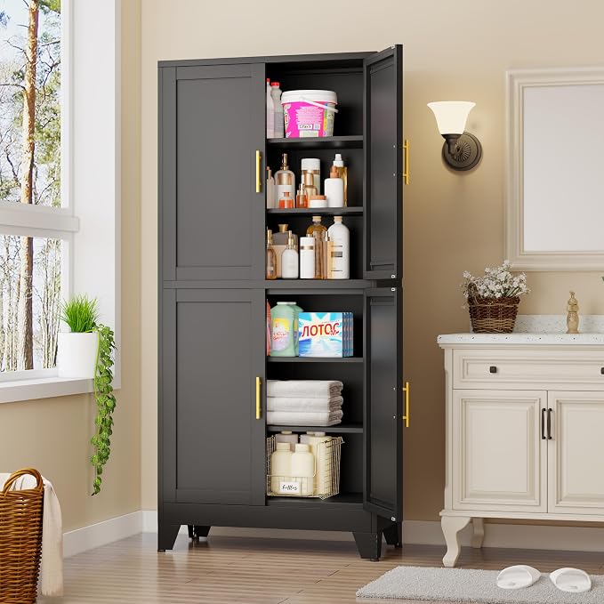 75" Tall Kitchen Pantry Cabinet, Black Metal Pantry Storage | Storage Cabinet with Doors and 3 Adjustable Shelves, Steel Storage, Bathroom cabinets Organizer, Cupboard for Home, Office