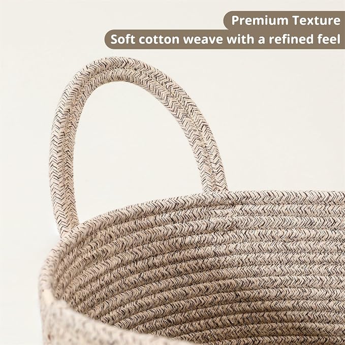 60L Large Woven Laundry Basket Hamper, 100% Natural Cotton Rope, Handwoven & Durable, Storage for Blankets, Toys, Clothes, Decorative Nursery Hamper for Living Room, Baby Room, Bedroom (Brown)