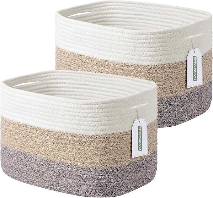 ECDYQXVU 15x10x9 Inch Woven Cotton Rope Storage Basket, 2 Pack | Foldable Design, Built-in Handles, Space-saving Organizer for Living Room, Bedroom, Laundry, Shelves, Clothes, Towels
