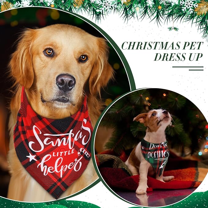 8 Pcs Christmas Dog Bandanas Buffalo Plaid Pet Scarf Bibs,Large | Adjustable Triangle Bibs with Holiday Sayings, Reversible Red Black Green Plaid, Festive Costume Accessory for Pet Photos