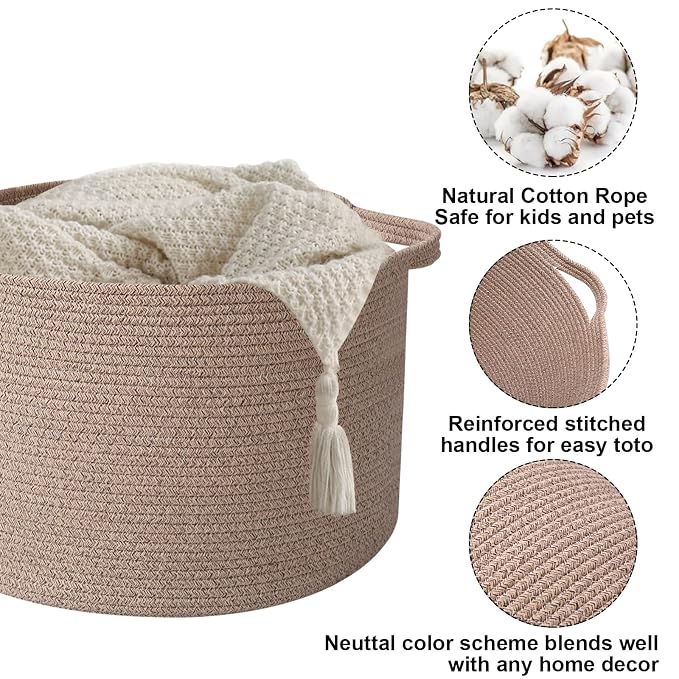 90L Extra Large Blanket Basket,Woven Rope Laundry Basket-Brown | Collapsible, reinforced handles, nursery storage bin organizes clothes, toys and pillows for living room, bedroom bathroom.