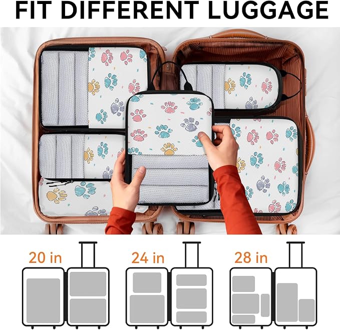 Paw Print Compression Packing Cubes Puppy Dog Paw 6 Set Travel Packing Cubes for Suitcases Lightweight Expandable Organizers