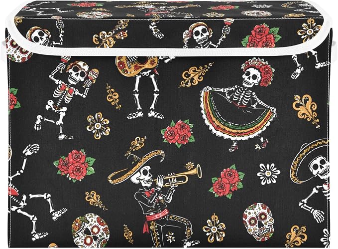 Storage Bins with Lid Gothic Skull Rose Foldable Storage Boxes 40L Baskets | Decorative Storage Boxes, 300D Oxford Cloth, Hollow Board Frame, Flip Top Velcro Lid, 16.5x12.6x11.8 inch, Collapsible Design