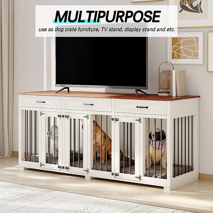 Dog Crate Furniture - Indoor Wooden Dog Kennel Crate Furniture with 2 Dividers, 3 Drawers, and 3 Lockable Doors, 72"x23.6"x31.5"H, White