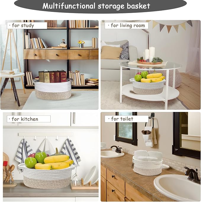 COMFY-HOMI Round Rope Basket with Handles for Shelves,Toys,Book, Cloth Storage Baskets for Organizing Toy Decorative Organizer for Living Room, Bathroom