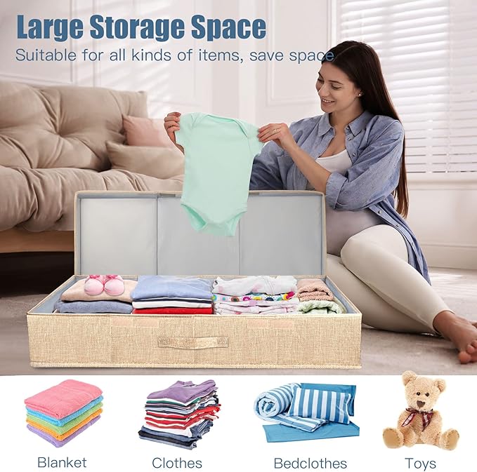 Supowin 2Pack Large Underbed Storage Containers Bin with Lids, Khaki | 6 Inches Tall Under Bed Storage Organizer Box with Handles, Foldable Closet Organizer for Clothes, Blankets, Seasonal Items