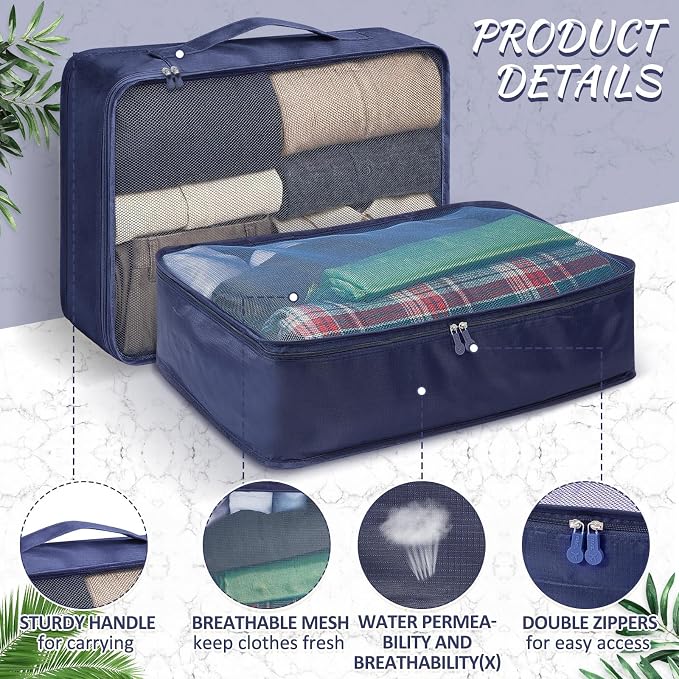 Silkfly 8 Pcs XL Packing Cube for Travel Luggage,Simple,Navy Blue | 17.7 x 13 x 4.7, Same Size, Navy Blue Suitcase Storage Organizer Set, Reusable Mesh Clothes Cube for Hiking Camp Family