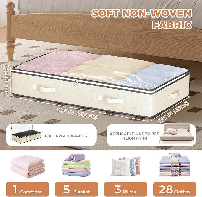 4 Pack Under Bed Storage Containers with Clear Lids, Beige | Underbed Storage Bags for Blankets, Towels, Comforter, Sweaters, Linen Sheets, Wrapping Paper