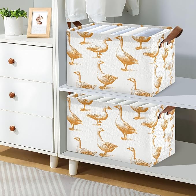 Hand Drawn Retro Goose and Duck Storage Basket Foldable Cube Storage Bins with Handles&Label Waterproof Collapsible Organizer Box Bin Large Rectangle Decorative Baskets for Shelves Home Room Laundry