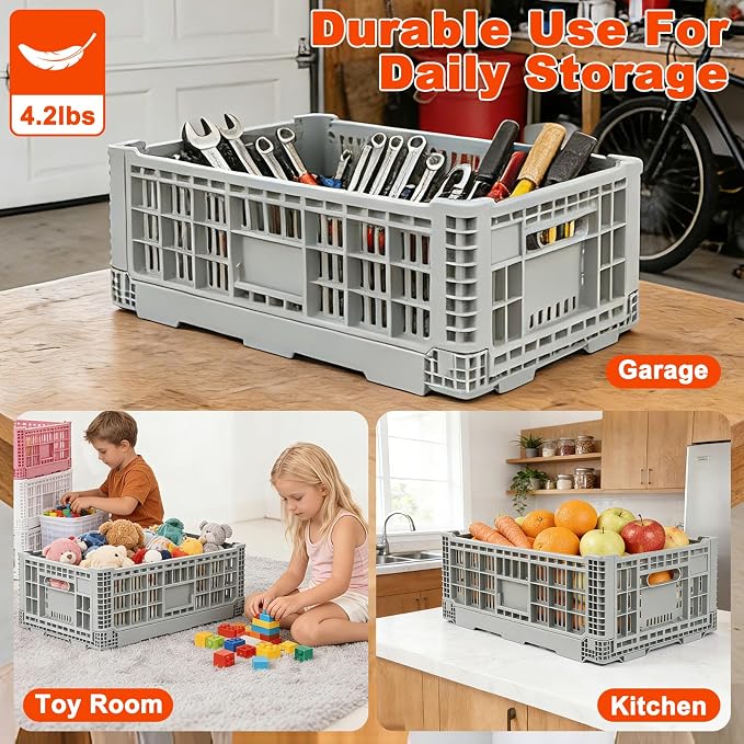 52L Collapsible Crate with Handles, Milk Crates Heavy Duty, | Hold 130 lbs Per Bin, Large Plastic Crate for Storage Items, Camping, Toy, Gardening & Trunk
