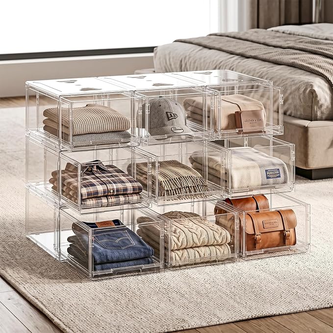 Large Clear Stackable Storage Drawer Organizer for Closet, 3 Pack | Easy Assemble, Plastic Drawer Organizer, Closet Storage Bins, Dustproof Underbed Organizer for Underwear, T-shirt, Clothing
