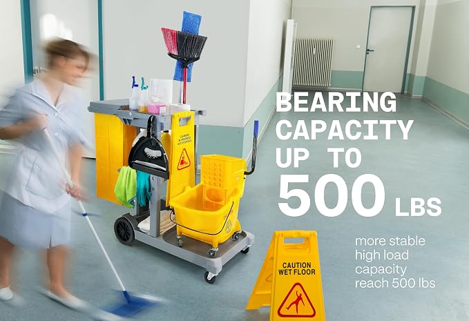 Commercial Janitorial Cart | 3 Shelves | 25 Gallon Vinyl Bag | Adjustable Shelf | 500 LBS Capacity