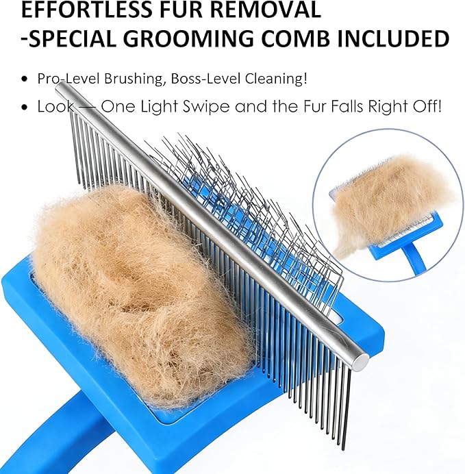 Long Pin Slicker Brush for Doodles & Poodles - 25mm Extra Long Pins Dog Brush with Stainless Steel Cleaning Comb, Solid Beech Wood Dematting Brush for Thick, Curly & Double Coats,Blue
