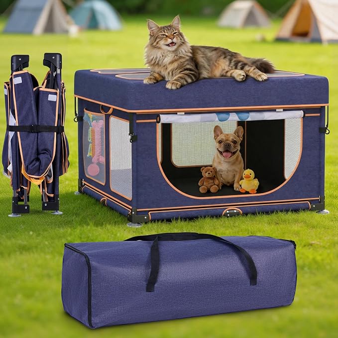 LOOBANI Foldable Dog Playpen Outdoor, 1 Min Setup, 43.3"x43.3"x27.1" | Pet Puppy Playpen Indoor With Cover,Waterproof Bottom & Bag, Portable Dog Fence For Yard, RV Camping,Travel,Blue+Yellow
