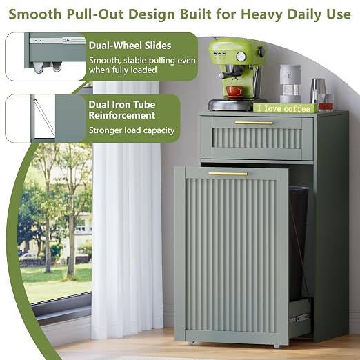 Single 13 Gallon Pull Out Trash Can Cabinet with Drawer, Garbage Cabinet | Pet Proof Hidden Trash Storage, Fluted Farmhouse Design, Space-Saving Kitchen Organizer, Dining Room Storage,Green