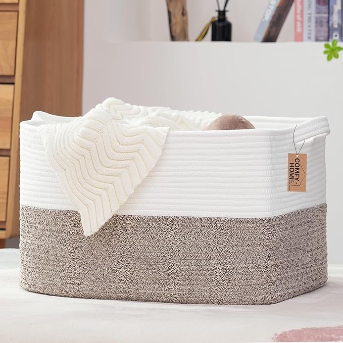 COMFY-HOMI Large Rectangular Blanket, Cotton Rope Woven for Storage, LaundryHamper, Storage,Toy Organizing Bin with Handle, Organizer and Storage-22x15x12-