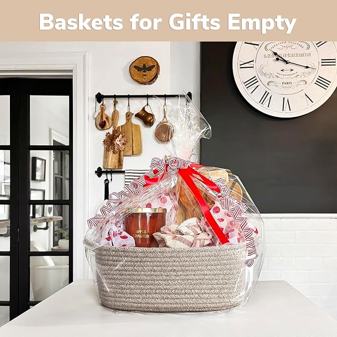 CHICVITA Small Woven Rope Gift Basket, Decorative Shelf Basket, Brown | 13" x 10" x 5" Storage Baskets for Toys, Diapers & Baby Essentials, Fits Nursery & Bathroom Organization, Built-In Handles