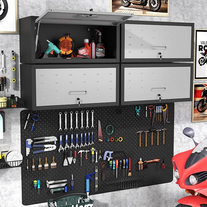 Metal Storage Cabinet for Garage, Tool Cabinet, Utility Cabinet | Wall Mounted, Hanging Tool Cabinet, Lockable, Flip-up Cabinet Door, Assembly Required, Black & Grey