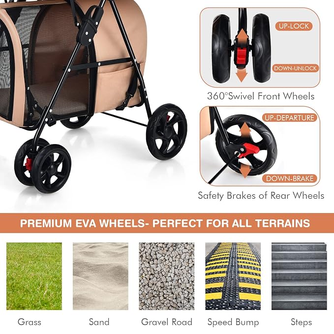 Giantex Double Pet Stroller with 2 Detachable Carrier Bags, Safety Belt, 4 Lockable Wheels, Folding Cat & Dog Stroller for Small Medium Pets, Cats Dogs Puppy Travel Strolling Cart (Beige)