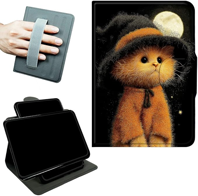 Rotating Handle Case for Samsung Galaxy Tab A7 Lite 2021 8.7", 360 Degree Swivel Kickstand with Magnetic Closure Shockproof Leather Protective Cover for Women Men, Black Hat Kitten